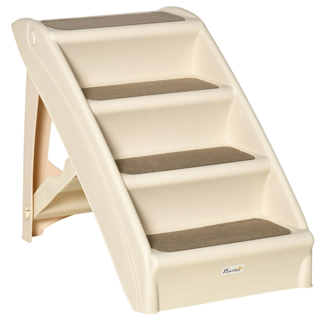 Escalera plegable beige de cuatro peldaños con almohadillas antideslizantes