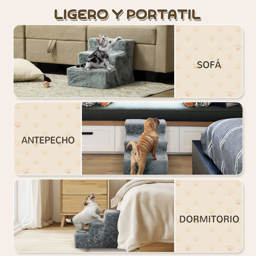 La escalera junto al sofá, al antepecho de la ventana y a la cama