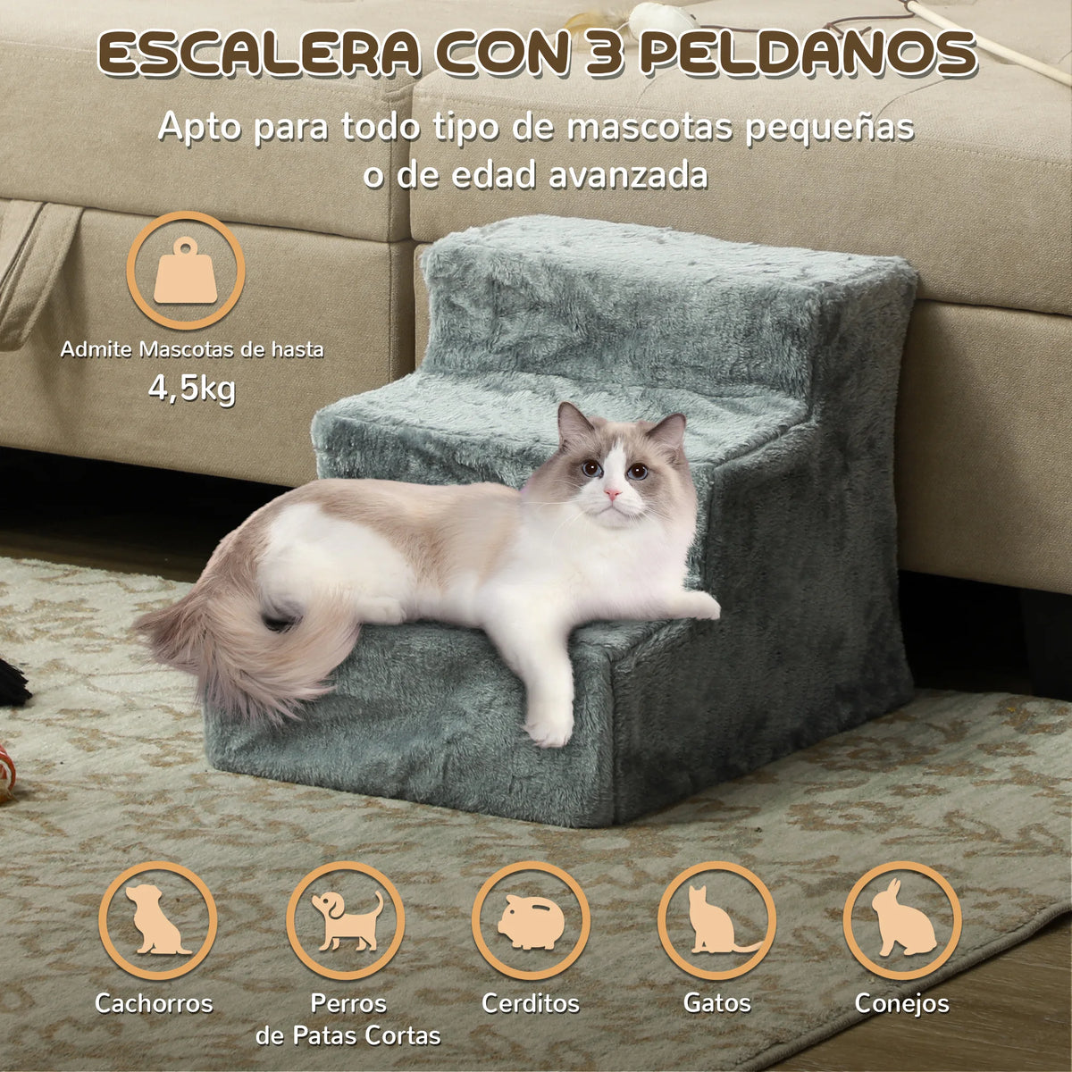 Gato tumbado en la escalera; admite mascotas de hasta 4,5 kg